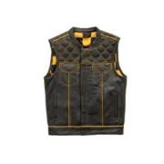 Gold Checker Style Mens Black Cowhide Leather Vest by Jacket Field