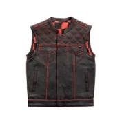 Red Checker Style Mens Black Cowhide Leather Vest by Jacket Field