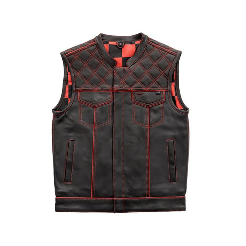 Red Checker Style Mens Black Cowhide Leather Vest by Jacket Field