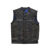 Blue Checker Style Mens Black Cowhide Leather Vest by Jacket Field