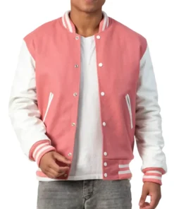 Mens Pink & White Leather Sleeves Clothing Varsity Jacket by Jacket Field