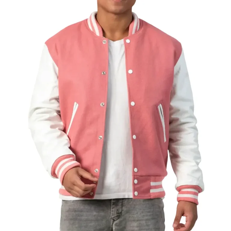 Mens Pink & White Leather Sleeves Clothing Varsity Jacket by Jacket Field