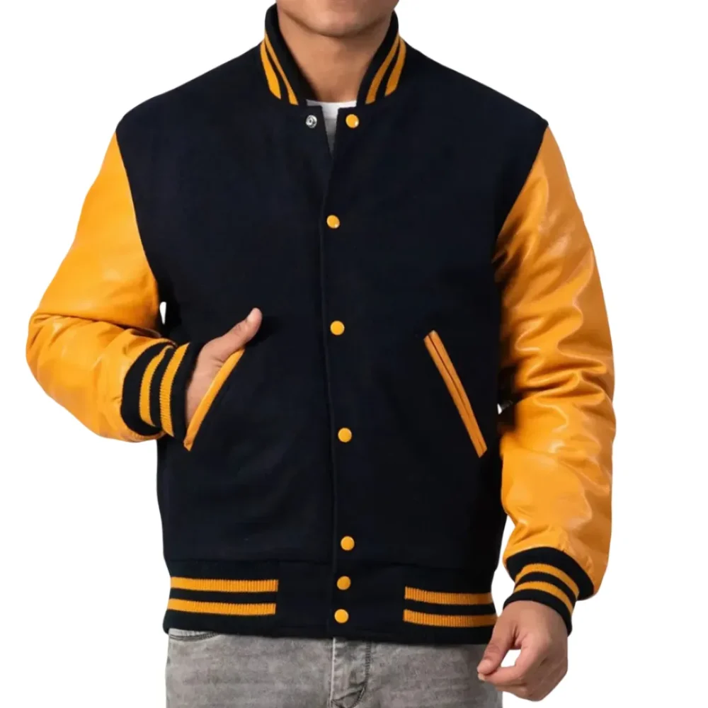 Mens Black & Bright Gold Leather Sleeves Clothing Varsity Jacket by Jacket Field