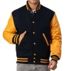 Mens Black & Bright Gold Leather Sleeves Clothing Varsity Jacket by Jacket Field