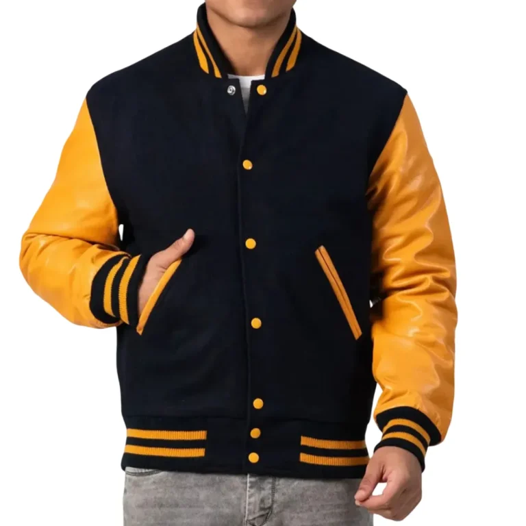 Mens Black & Bright Gold Leather Sleeves Clothing Varsity Jacket by Jacket Field