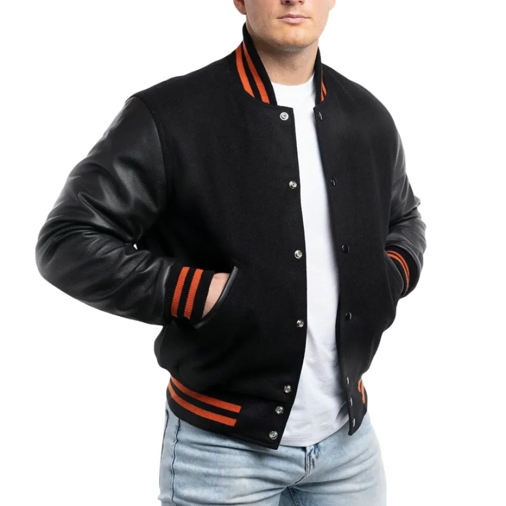Mens Black Wool & Leather Varsity Jacket with Orange Stripes by Jacket Field