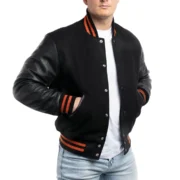 Mens Black Wool & Leather Varsity Jacket with Orange Stripes by Jacket Field