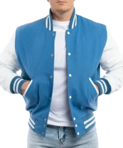 Mens Newark Blue & White Leather Sleeves Clothing Varsity Jacket by Jacket Field