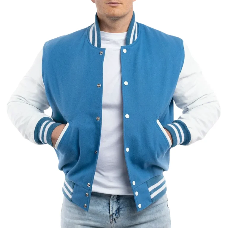 Mens Newark Blue & White Leather Sleeves Clothing Varsity Jacket by Jacket Field