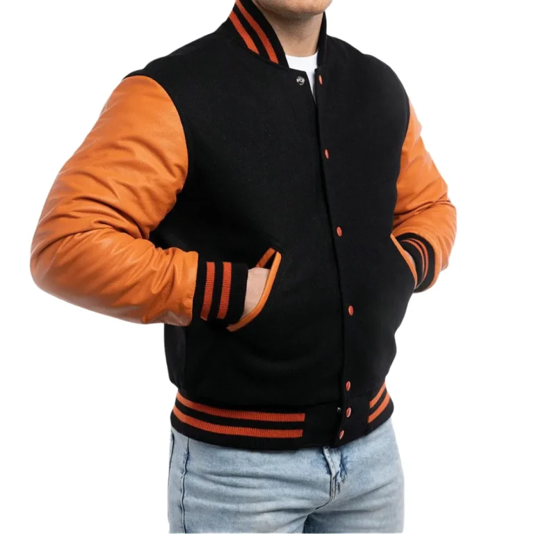 Mens Black Body & Orange Sleeves Clothing Varsity Jacket by Jacket Field
