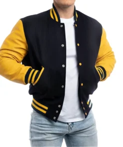 Mens Navy Blue & Lemon Sleeves Clothing Varsity Jacket by Jacket Field