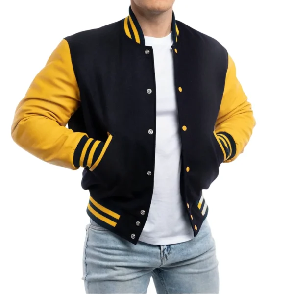 Mens Navy Blue & Lemon Sleeves Clothing Varsity Jacket by Jacket Field