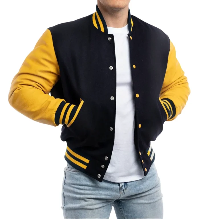 Mens Navy Blue & Lemon Sleeves Clothing Varsity Jacket by Jacket Field