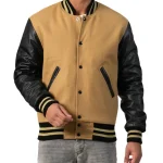 Mens Camel & Black Leather Sleeves Varsity Jacket by Jacket Field