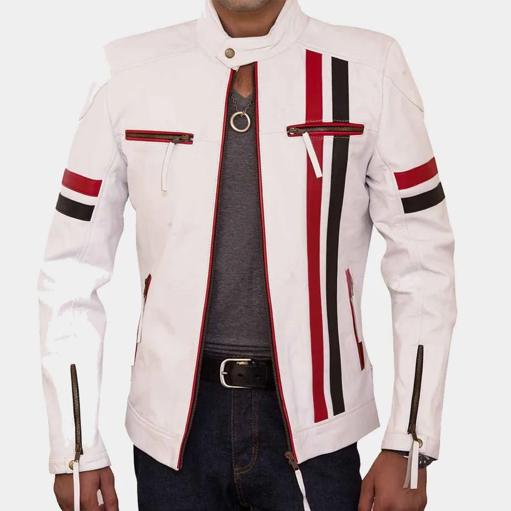 Mens Biker Racer Leather White Jacket by Jacket Field