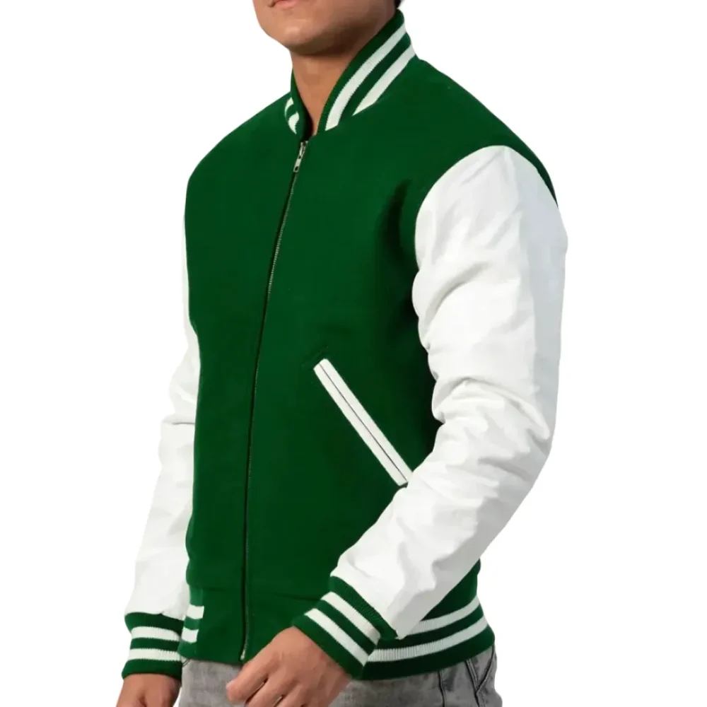 Mens Kelly Green & White Clothing Varsity Jacket by Jacket Field