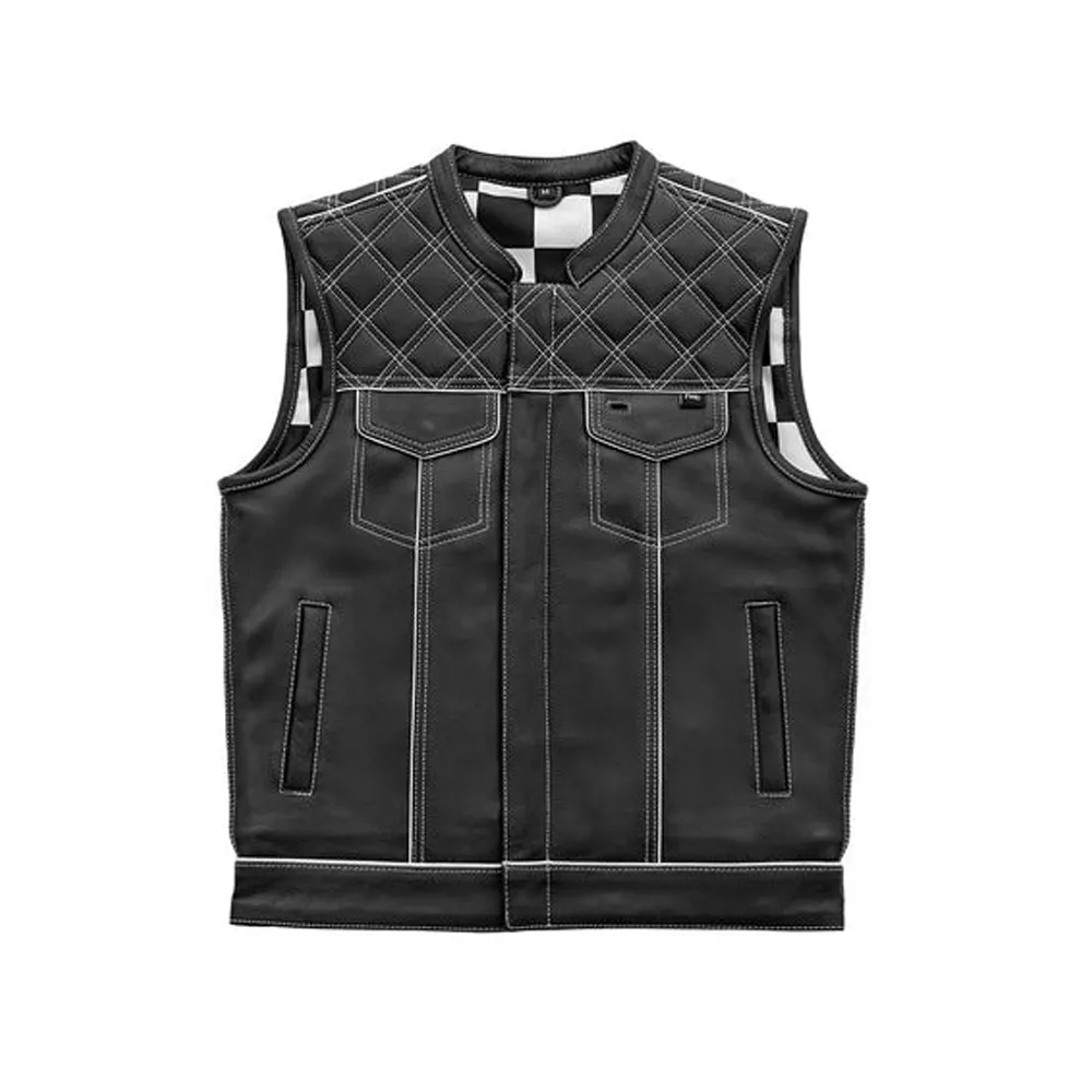 White Checker Style Mens Black Cowhide Leather Vest by Jacket Field
