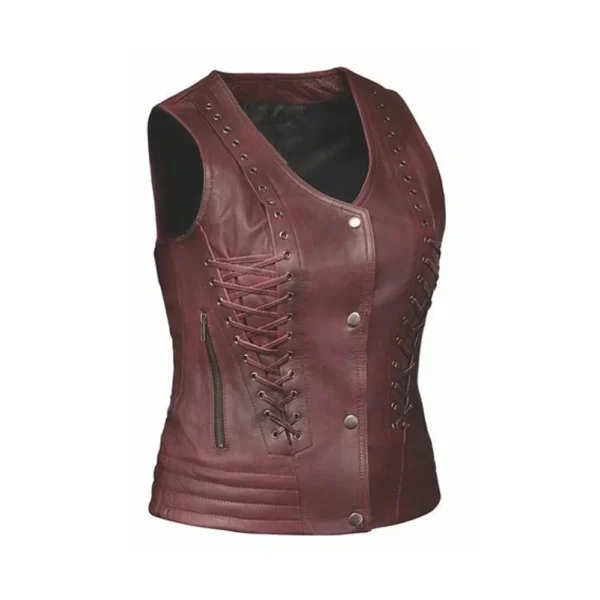Womens Amy Maroon Motorcycle Leather Vest by Jacket Field