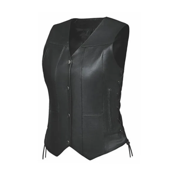 Womens Black Flap Closure Leather Vest by Jacket Field