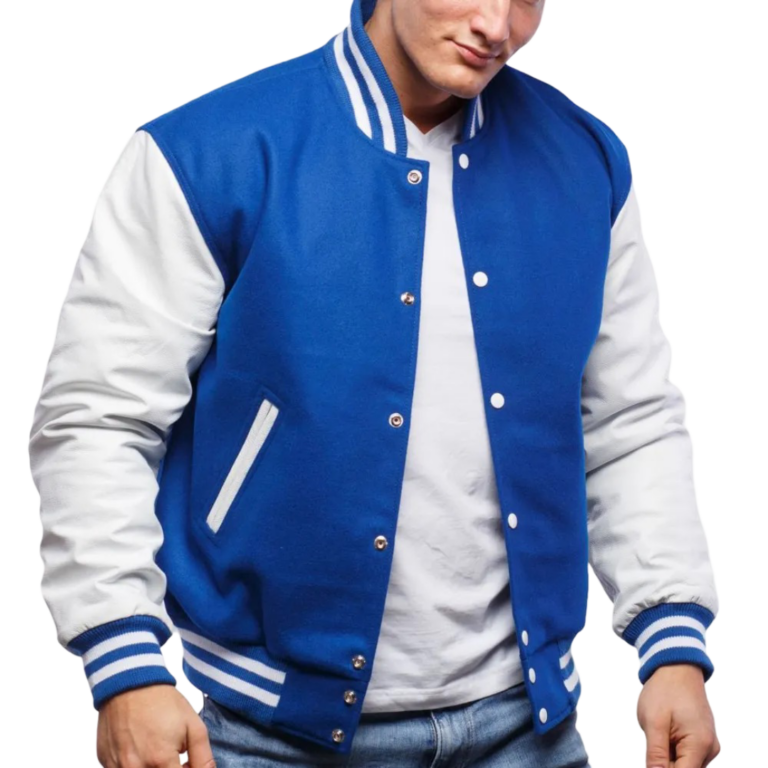 Men's Royal Blue Wool & White Genuine Leather Varsity Letterman - Blue Jacket By Jacket Field