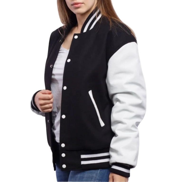 Womens Black Wool Body & Bright Leather Sleeves Clothing Varsity Jacket by Jacket Field