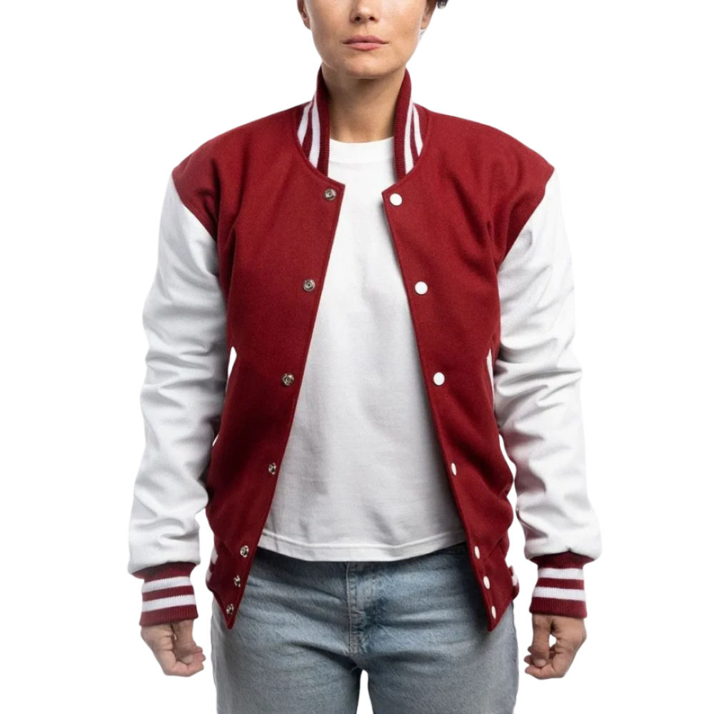 Womens Cardinal Red & White Clothing Varsity Jacket by Jacket Field