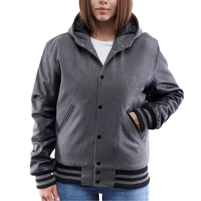 Womens Light Oxford Wool & Black Clothing Varsity Jacket with Hood by Jacket Field
