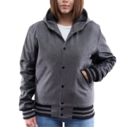Womens Light Oxford Wool & Black Clothing Varsity Jacket with Hood by Jacket Field