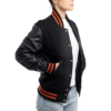 Womens Black Clothing Varsity Jacket with Orange Stripes by Jacket Field