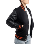 Womens Black Clothing Varsity Jacket with Orange Stripes by Jacket Field