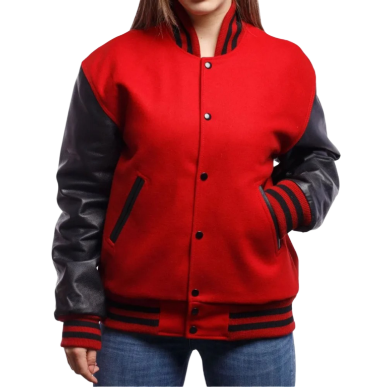 Womens Red Wool Body & Black Leather Sleeves Clothing Varsity Jacket by Jacket Field