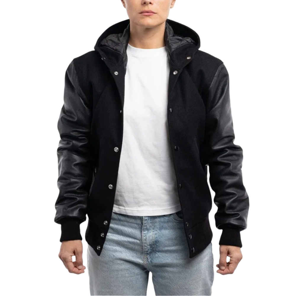 Womens Black Wool Body & Black Sleeves Clothing Varsity Jacket by Jacket Field