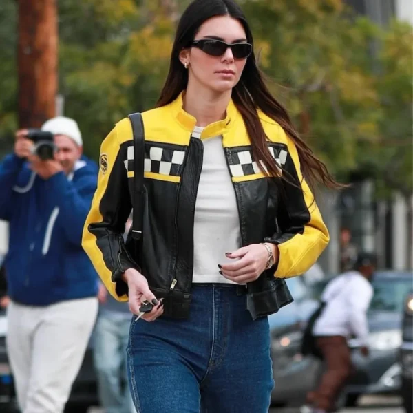 Kendall Jenner Aspen Black & Yellow Celebrity Leather Jackets by Jacekt Field