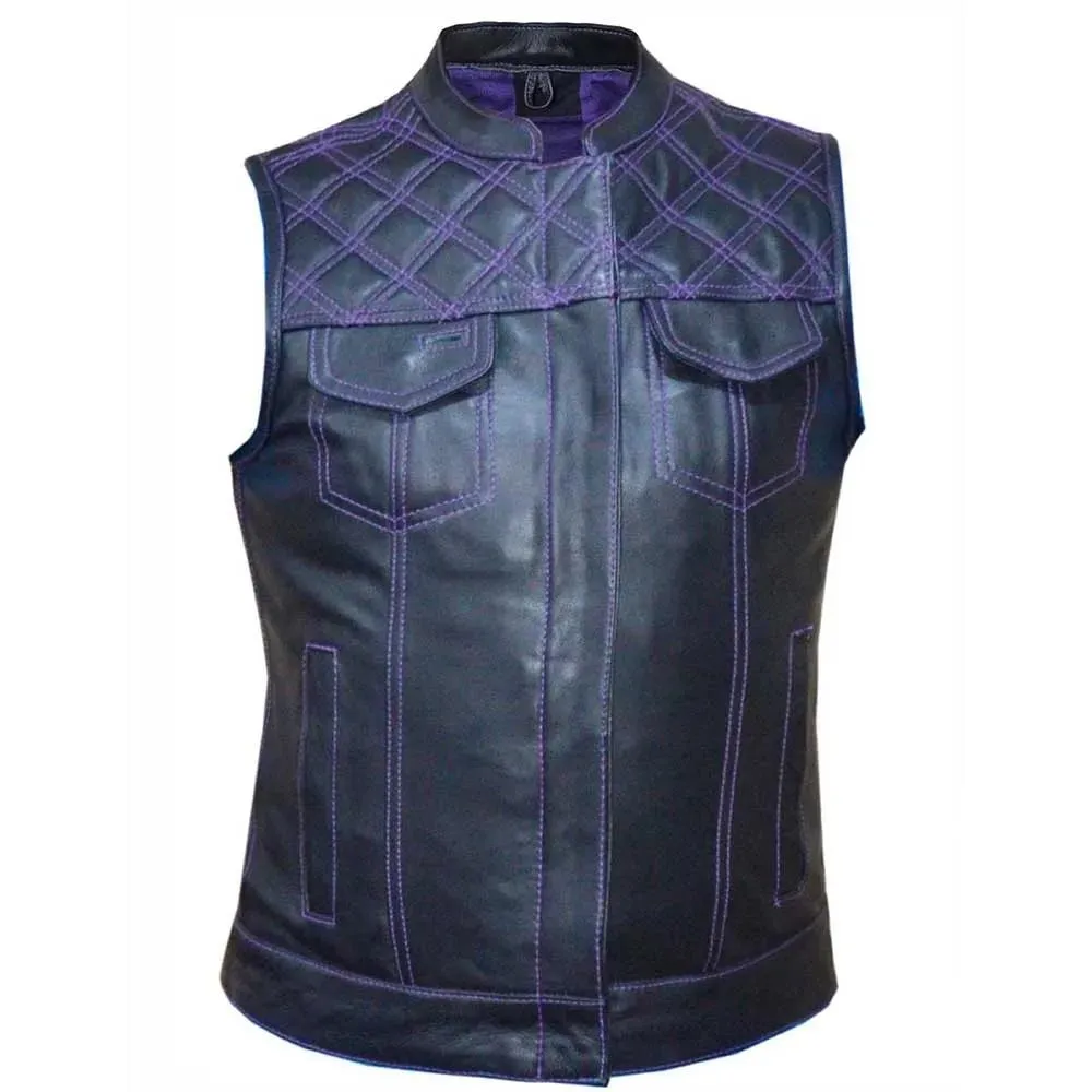 Womens Black & Purple Leather Vest by Jacket Field