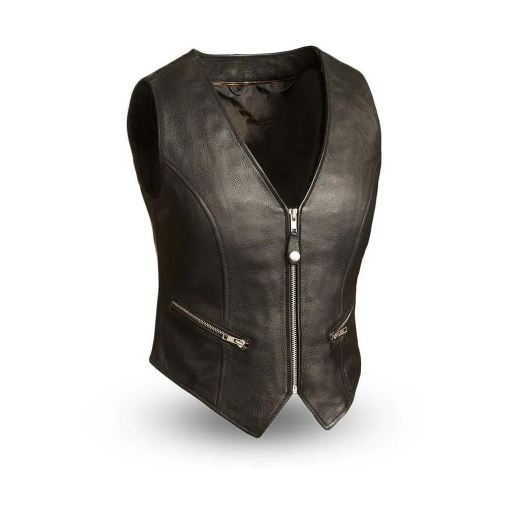 Women’s Western Style Leather Motorcycle Vest Naked Cowhide by Jacket Field
