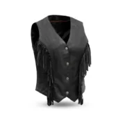Women’s Western Fringe Leather Motorcycle Vest Sheep Diamond by Jacket Field