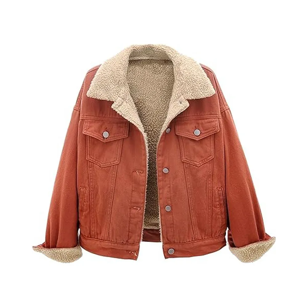 Womens Orange Sherpa Fleece Denim Jacket by Jacket Field