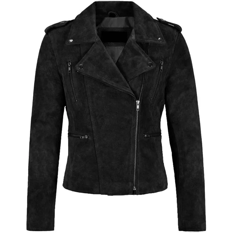 Womens Black Cow Leather Biker Suede Jacket by Jacket Field