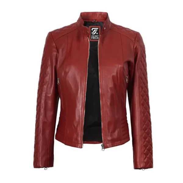 Womens Quilted Biker Style Maroon Leather Jacket by Jacket Field