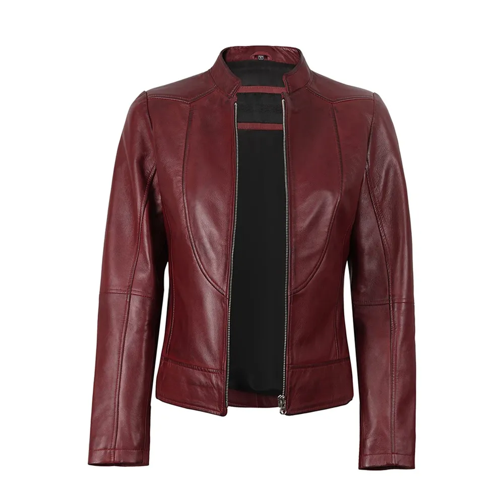 Womens Biker Maroon Leather Jacket by Jacket Field