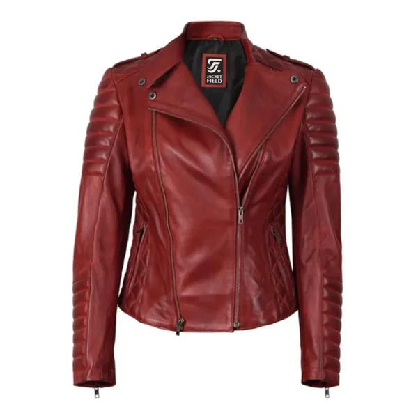 Womens Asymmetrical Biker Style Maroon Leather Jacket by Jacket Field