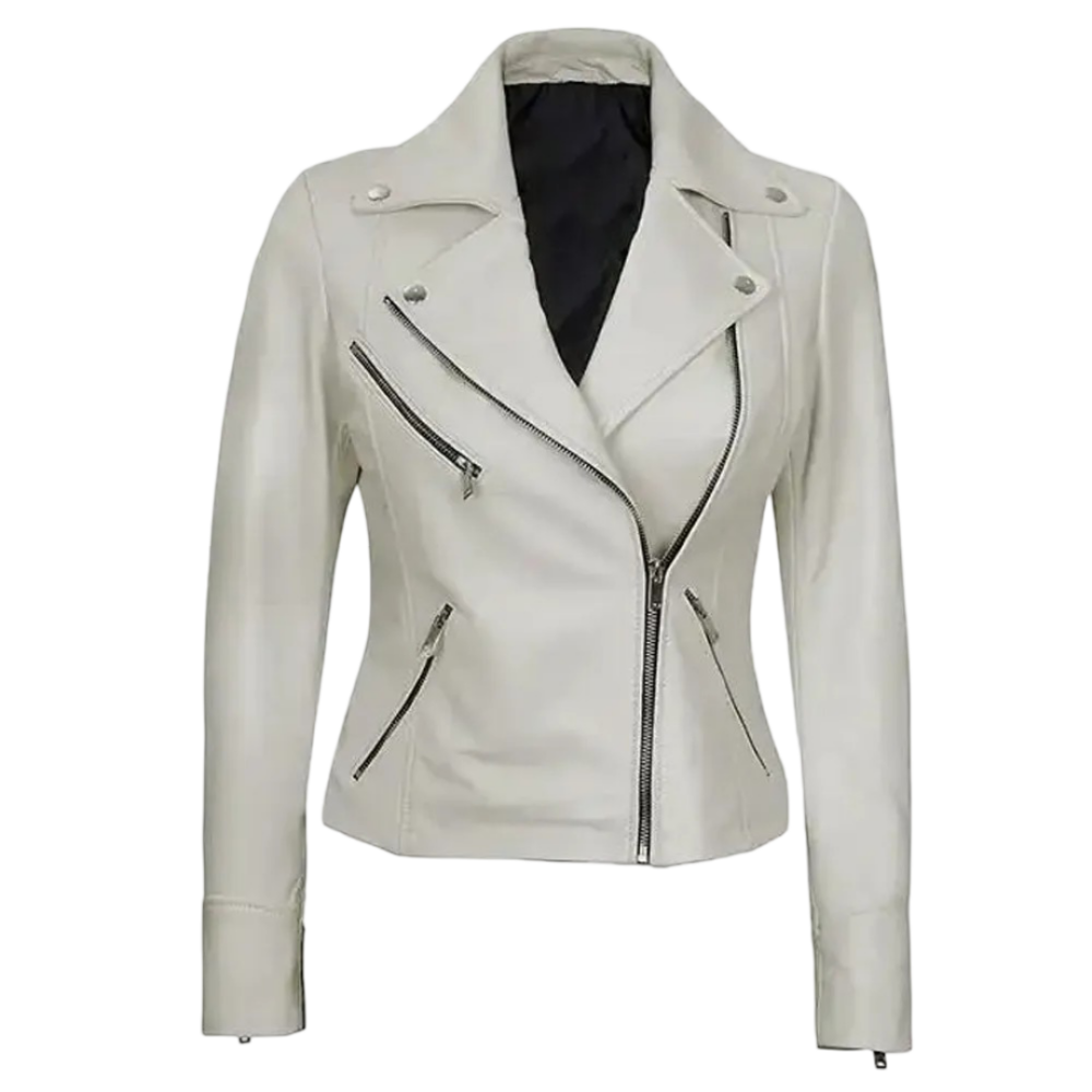 Women’s Moto Style White Leather Jacket By Jacket Field
