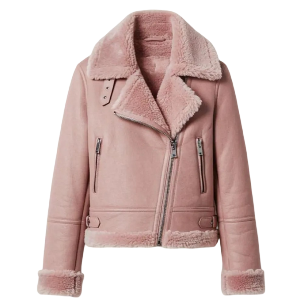 Womens Faux Shearling Moto Pink Jacket by Jacket Field