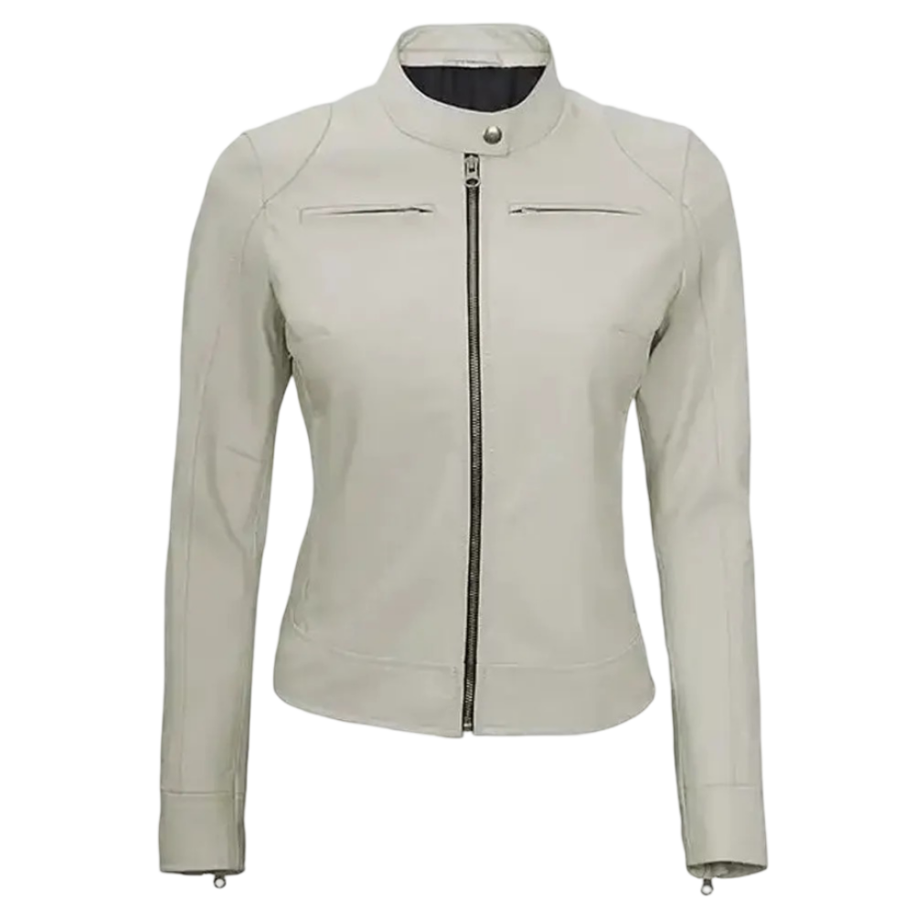 Women’s Cafe Racer White Leather Jacket By Jacket Field