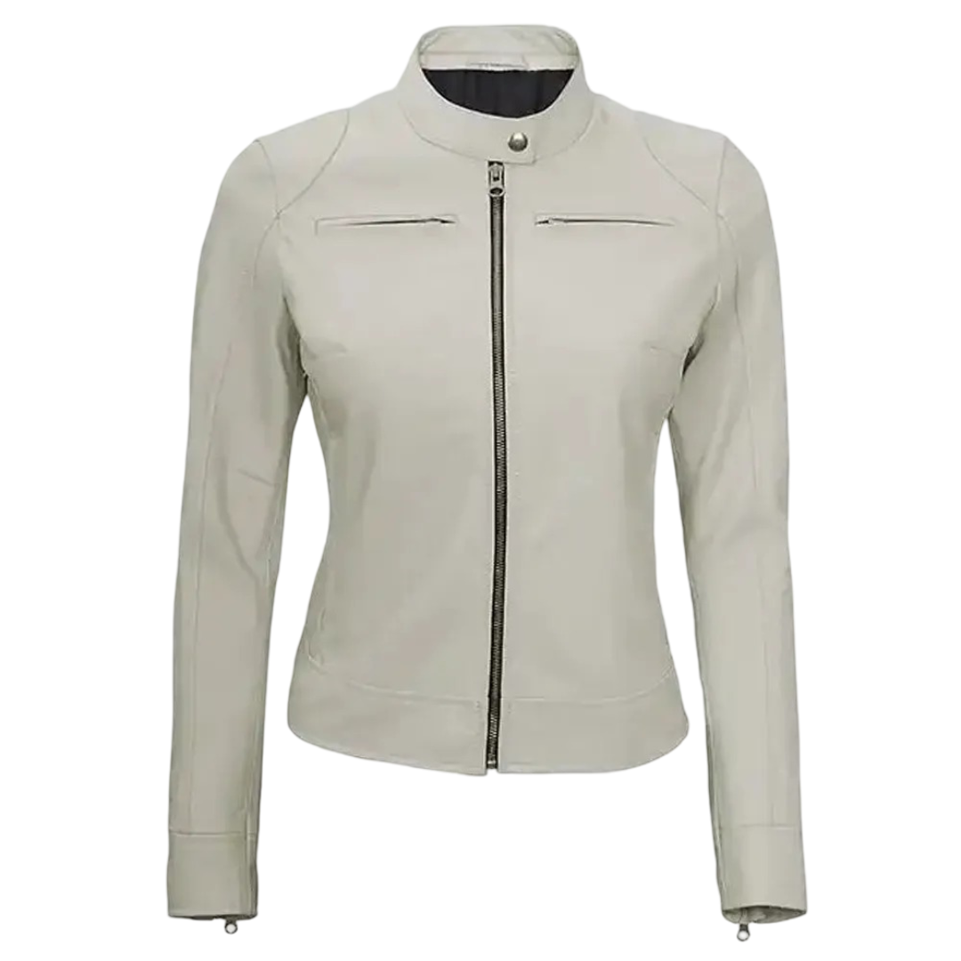 Women’s Cafe Racer White Leather Jacket By Jacket Field