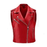 Womens Biker Red Leather Vest with Studded Accents by Jacket Field