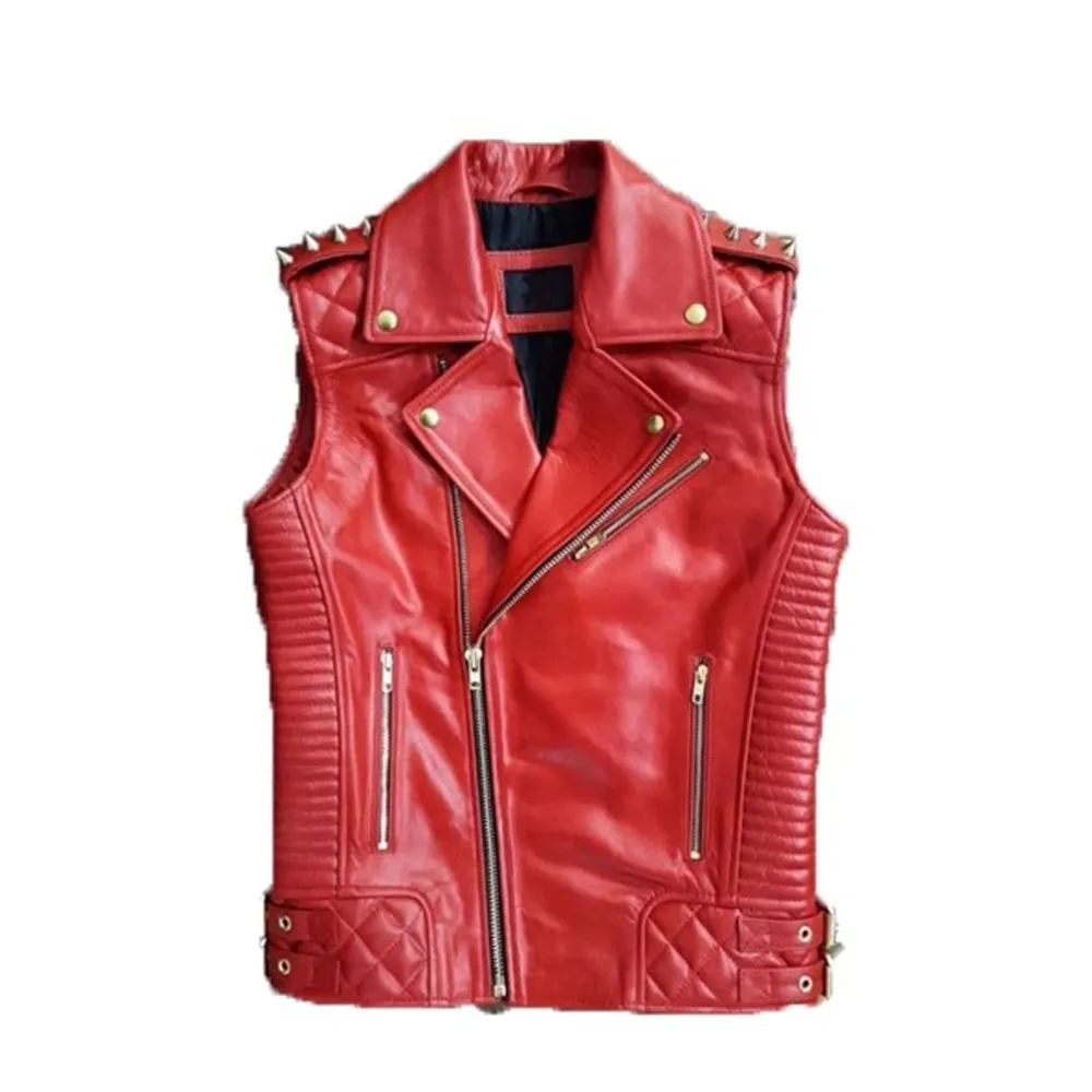 Womens Quilted Biker Style Red Leather Vest by Jacket Field