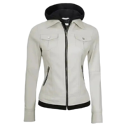 Women’s Off White Leather Jacket with Hood By Jacket Field