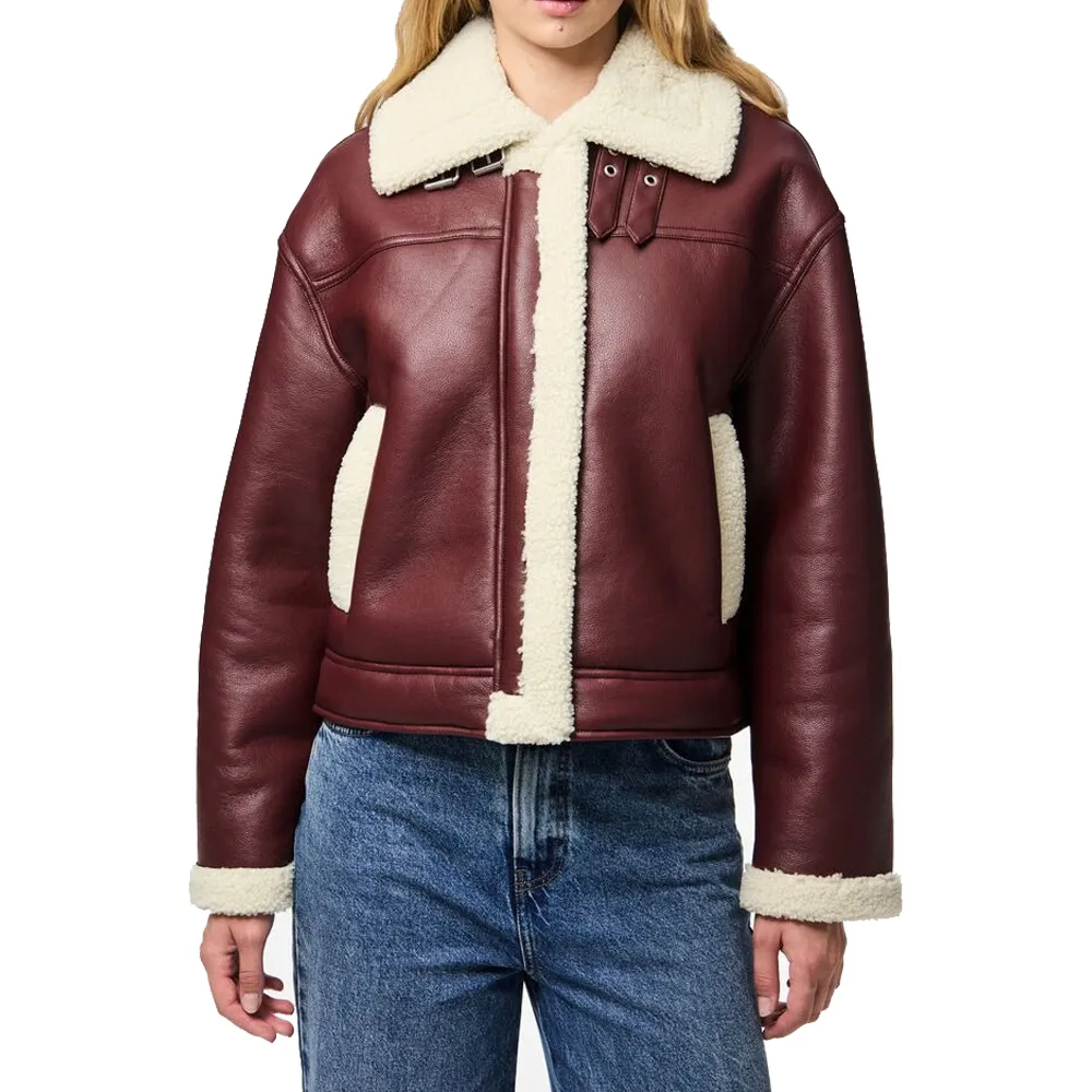 Womens Maroon Leather Jacket with Shearling Collar & Lining by Jacket Field