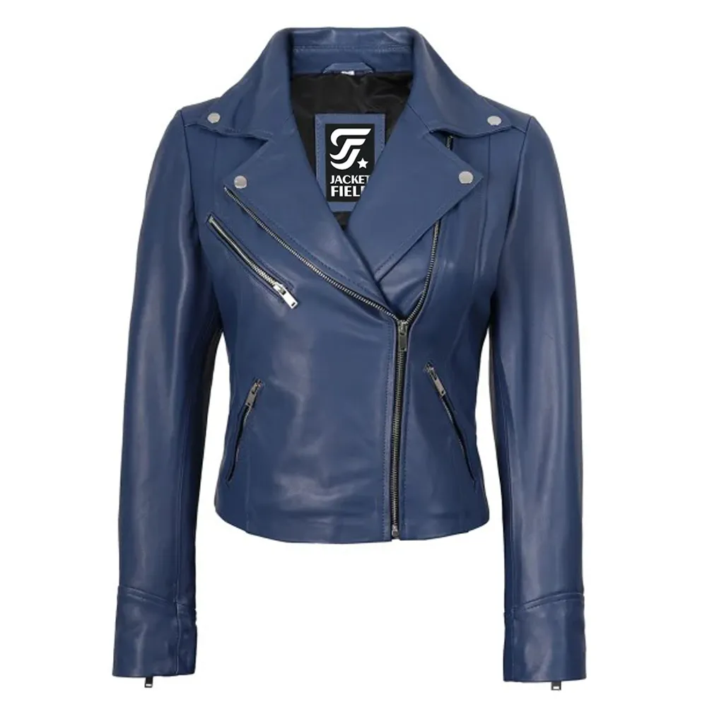Womens Biker Style Leather Blue Jacket by Jacket Field